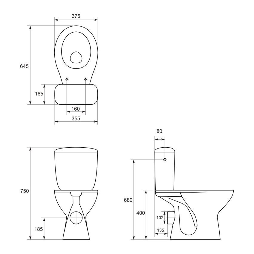 WC kompakt z deską polipropylenową Cersanit President rysunek techniczny