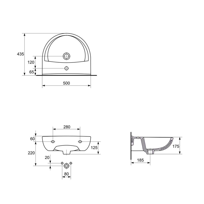 Umywalka wisząca 50 cm z otworem Cersanit President rysunek techniczny