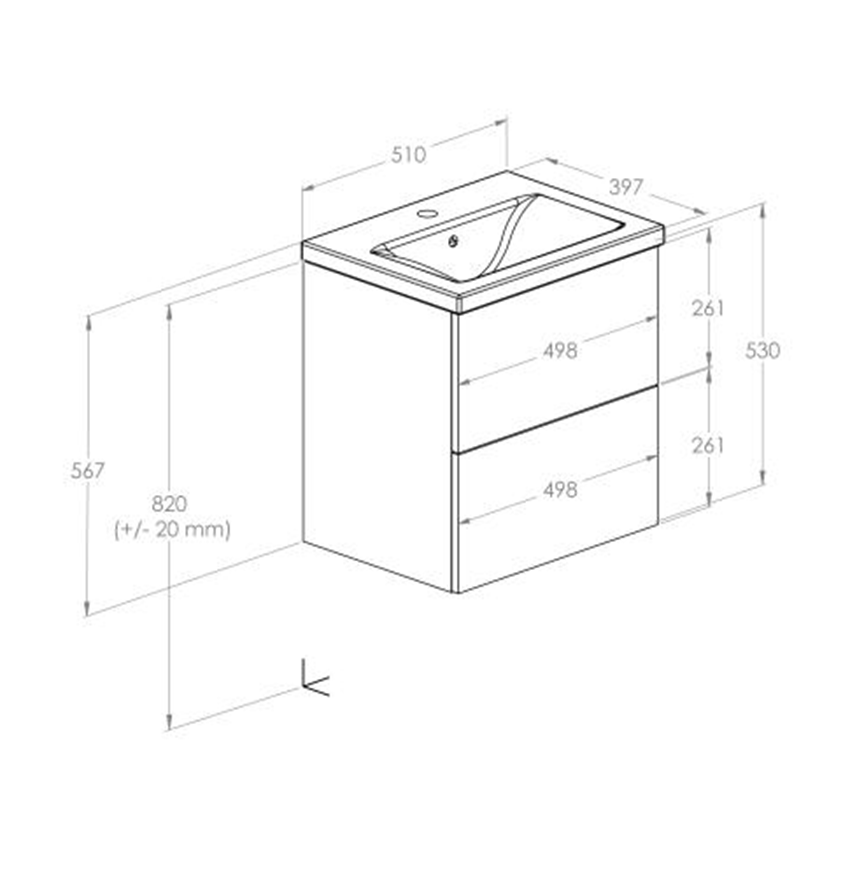 Zestaw łazienkowy Unik 50 cm z 2 szufladmi Roca Kwadro rysunek