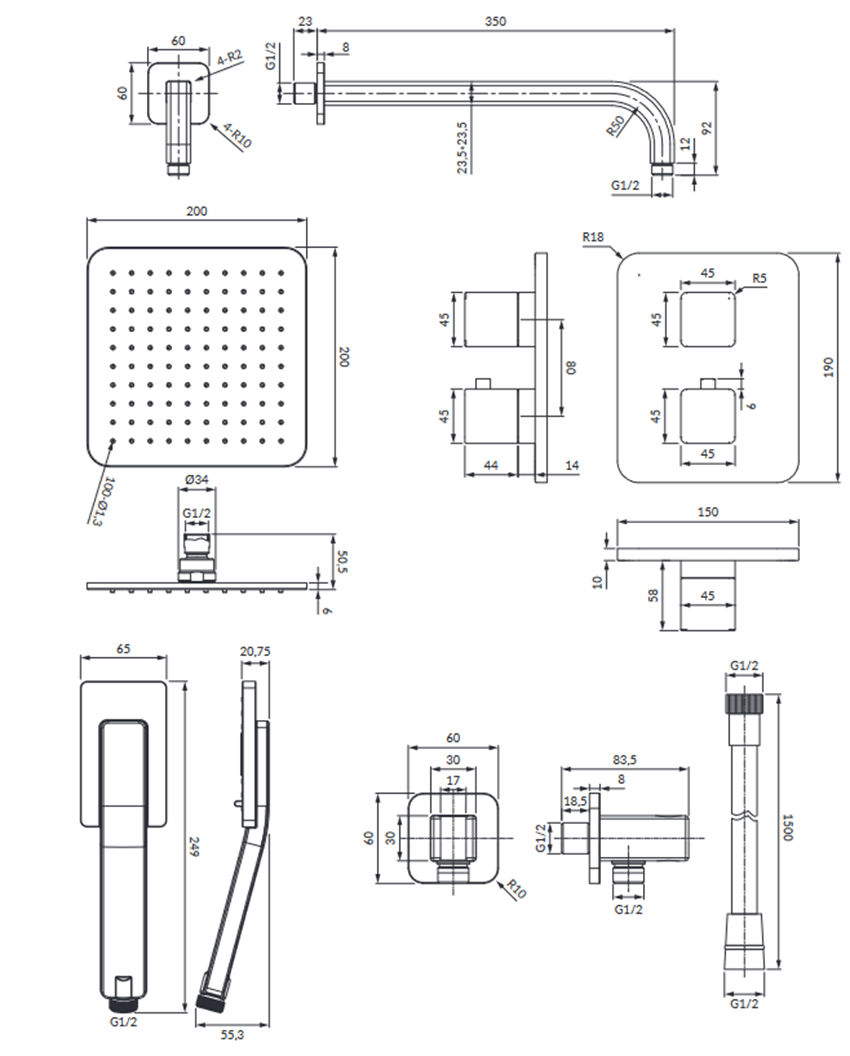 termostatyczny system prysznicowy podtynkowy Omnires Parma rysunek
