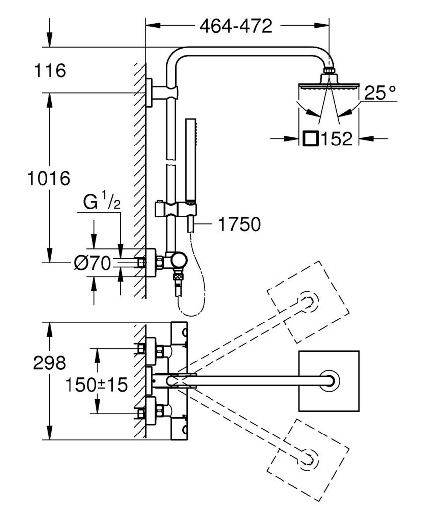 System prysznicowy z termostatem do montażu ściennego Grohe Euphoria System 150 rysunek