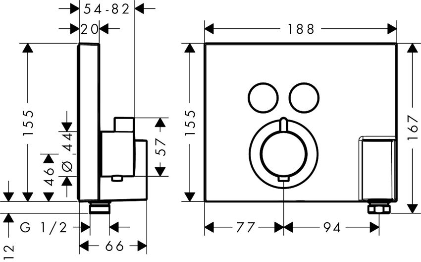 Bateria termostatyczna do 2 odbiorników z Fixfit i Porter element zewnętrzny Hansgrohe ShowerSelect rysunek techniczny