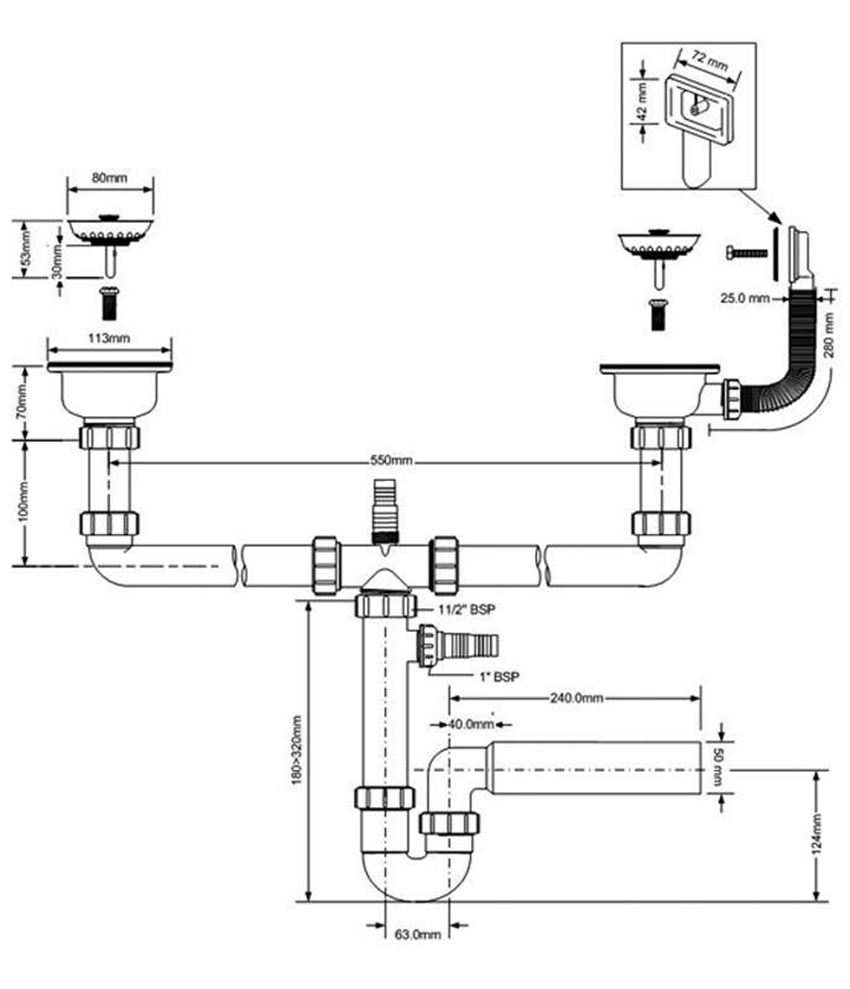Syfon zlewozmywakowy podwójny rurowy McAlpine rysunek techniczny