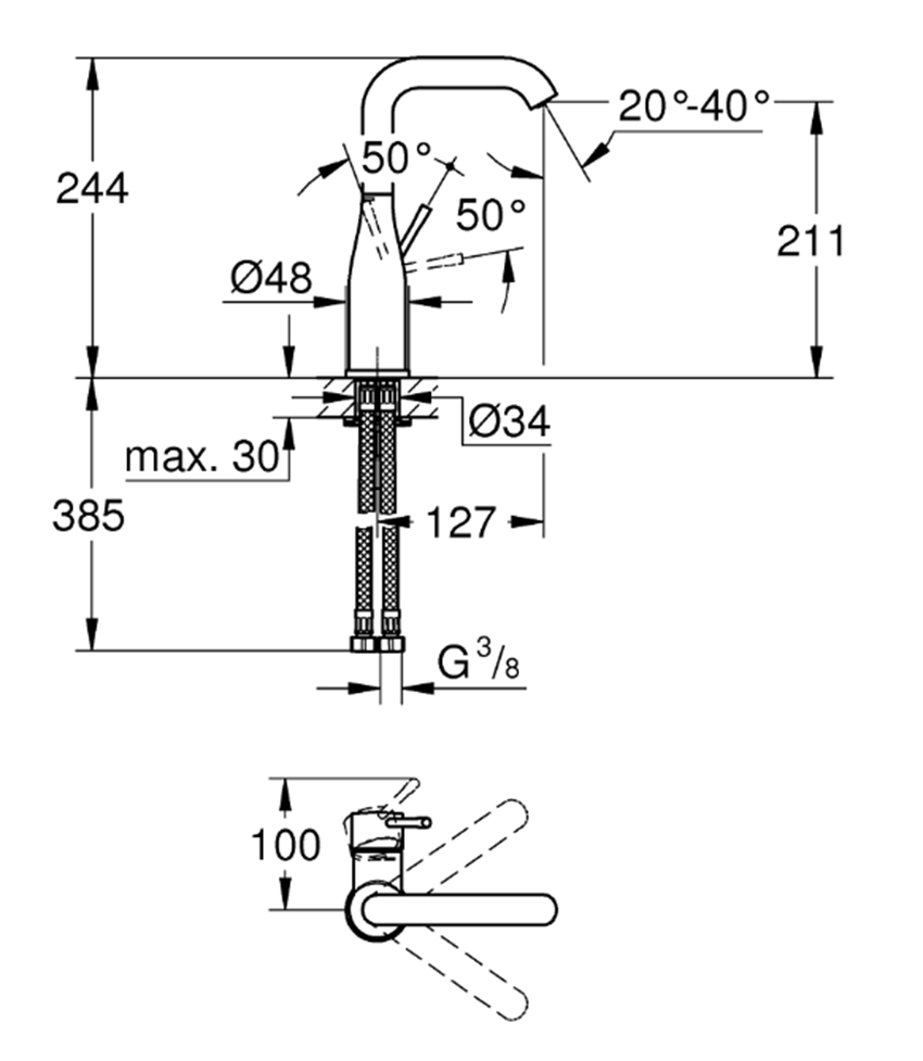 Bateria umywalkowa Grohe Essence 24177KF1 rys techniczny