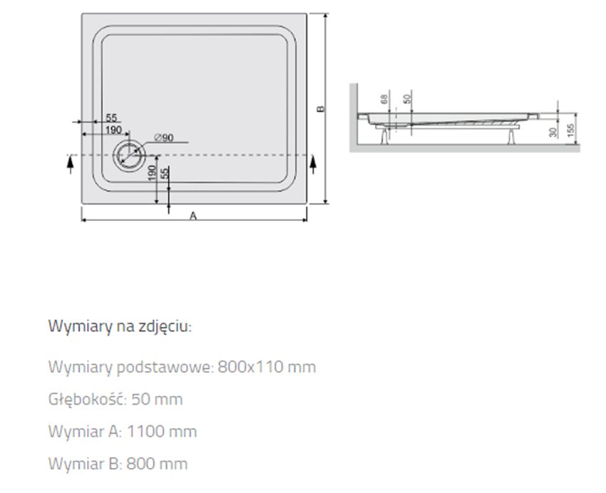 Brodzik Sanplast Free Line 615-040-1380-01-000 rys techniczny