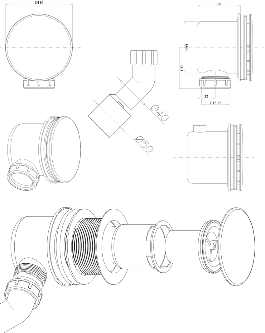Syfon do brodzików prysznicowych Omnires CGS rysunek techniczny
