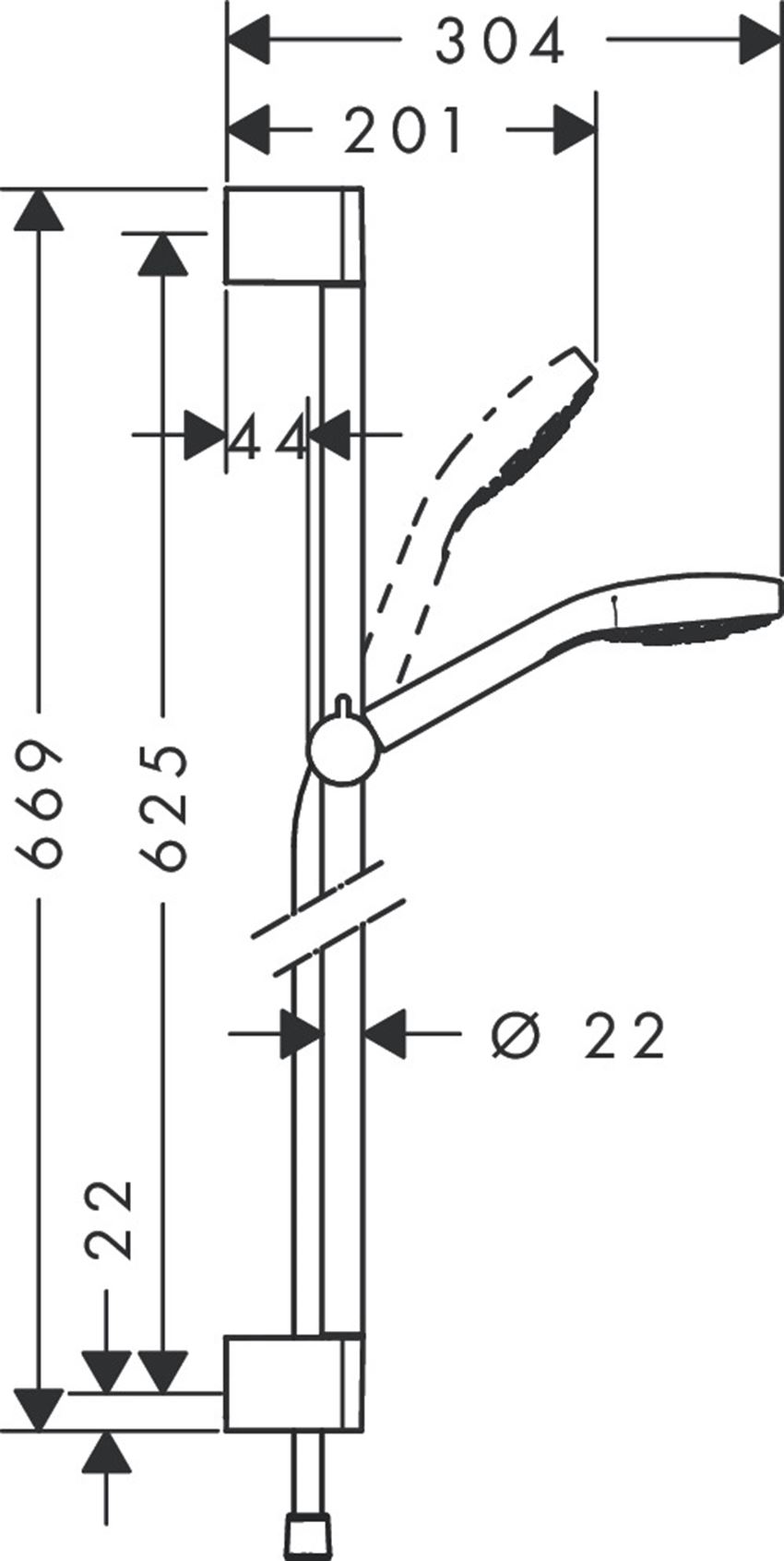 Zestaw prysznicowy 1jet z drążkiem 65 cm Hansgrohe Croma Select E rysunek techniczny