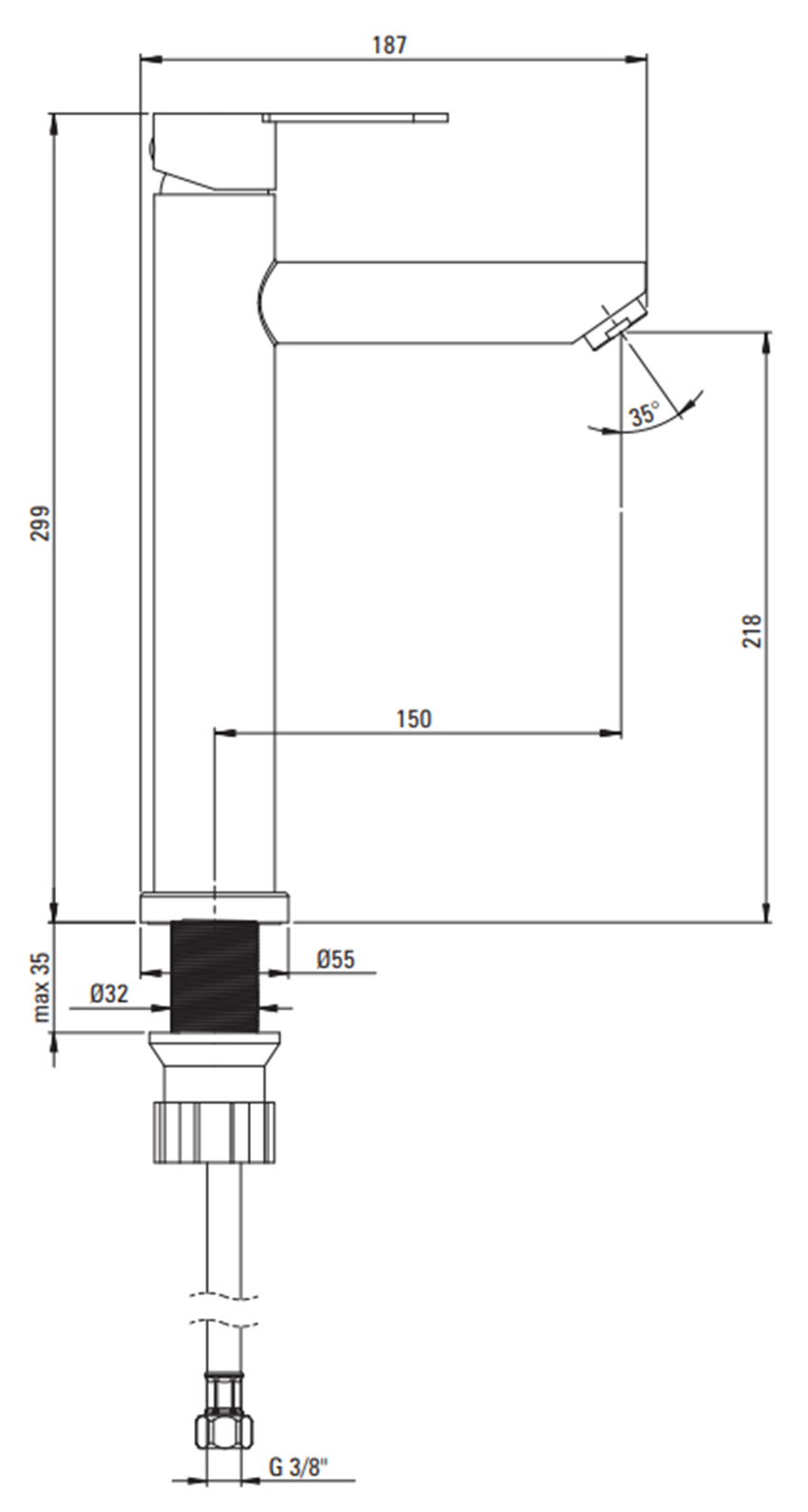 Bateria umywalkowa Deante Lupo BLU F20K rys techniczny