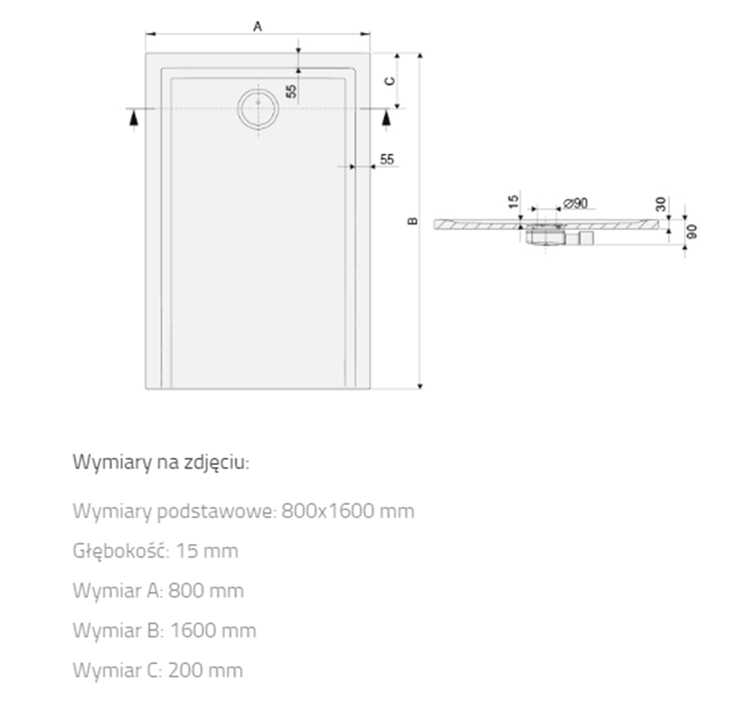 Brodzik prostokątny Sanplast Space Mineral 645-410-0390-01-000 rys techniczny