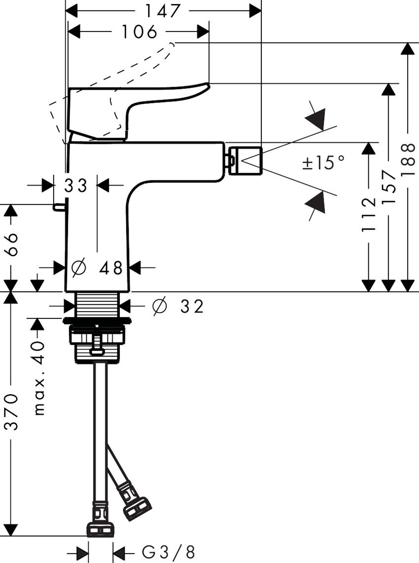 Jednouchwytowa bateria bidetowa z cięgłem Hansgrohe Metris rysunek techniczny