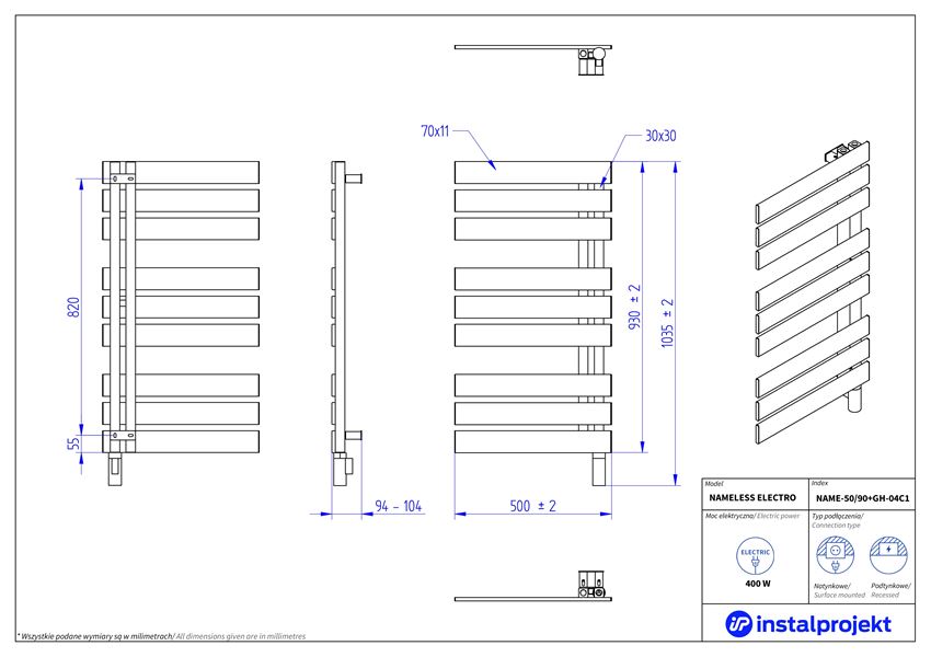 Grzejnik elektryczny 50x90 cm Instal-Projekt Nameless Electro rysunek