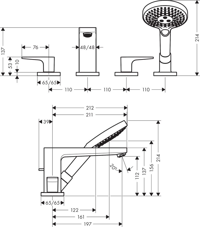 4-otworowa bateria na brzeg wanny element zewnętrzny Hansgrohe Metropol rysunek techniczny