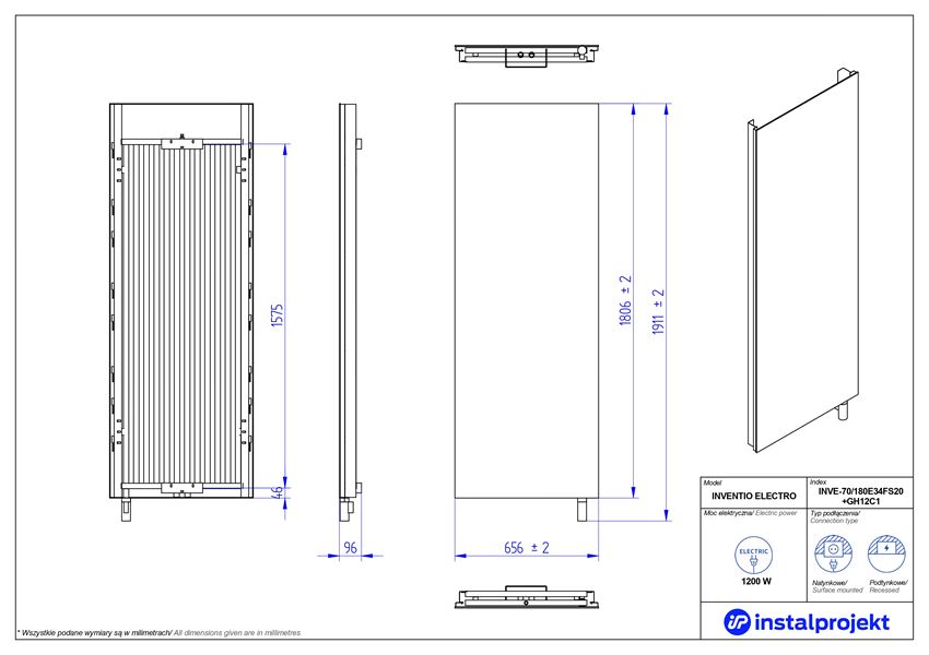 Grzejnik dekoracyjny elektryczny 70x180 cm Instal-Projekt Inventio rysunek