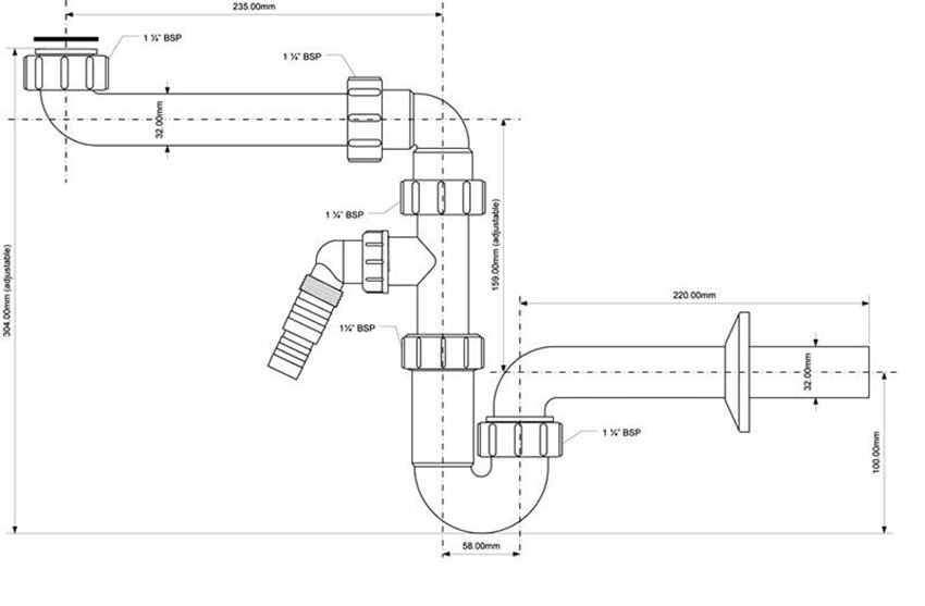 Syfon umywalkowy rurowy McAlpine rysunek techniczny