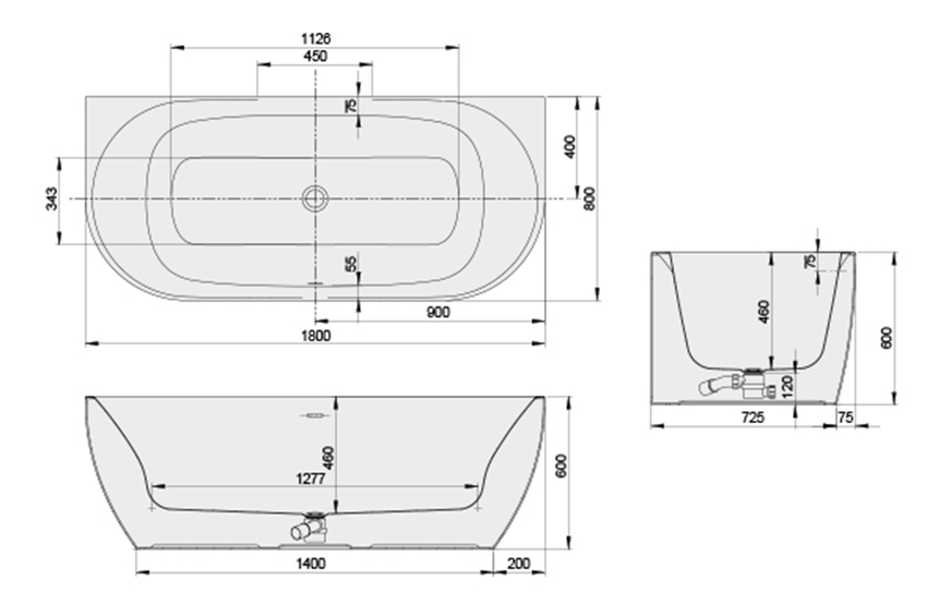 Wanna przyścienna Sanplast Loft Line 632-500-1280-01-010Np rys techniczny