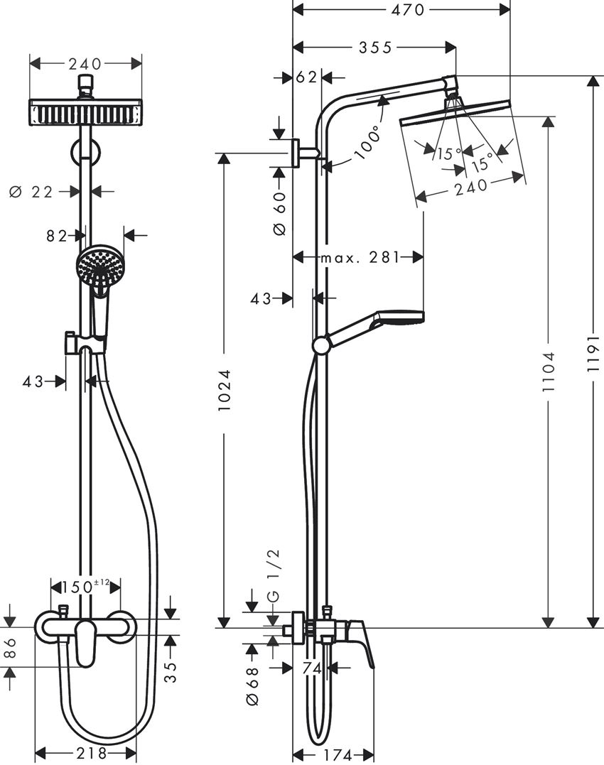 Komplet prysznicowy 240 1jet z baterią jednouchwytową Hansgrohe Crometta E rysunek techniczny