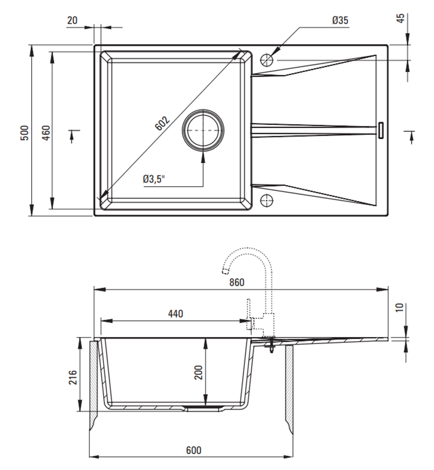 Zlewozmywak Deante Corio ZRC 511A rys techniczny