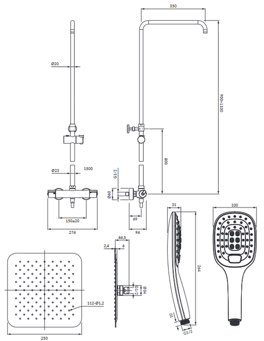 Termostatyczny system prysznicowy natynkowy chrom Omnires Y rysunek