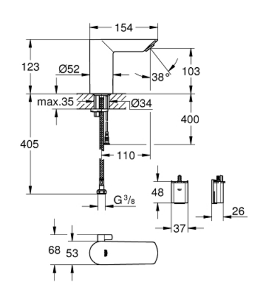 Bateria elektorniczna Grohe Bau Cosmopolitan E 36451000 rys techniczny