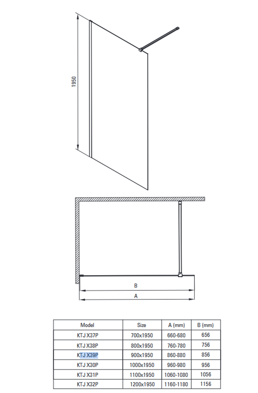 Kabina prysznicowa walk-in 90x195 cm Deante Prizma rysunek