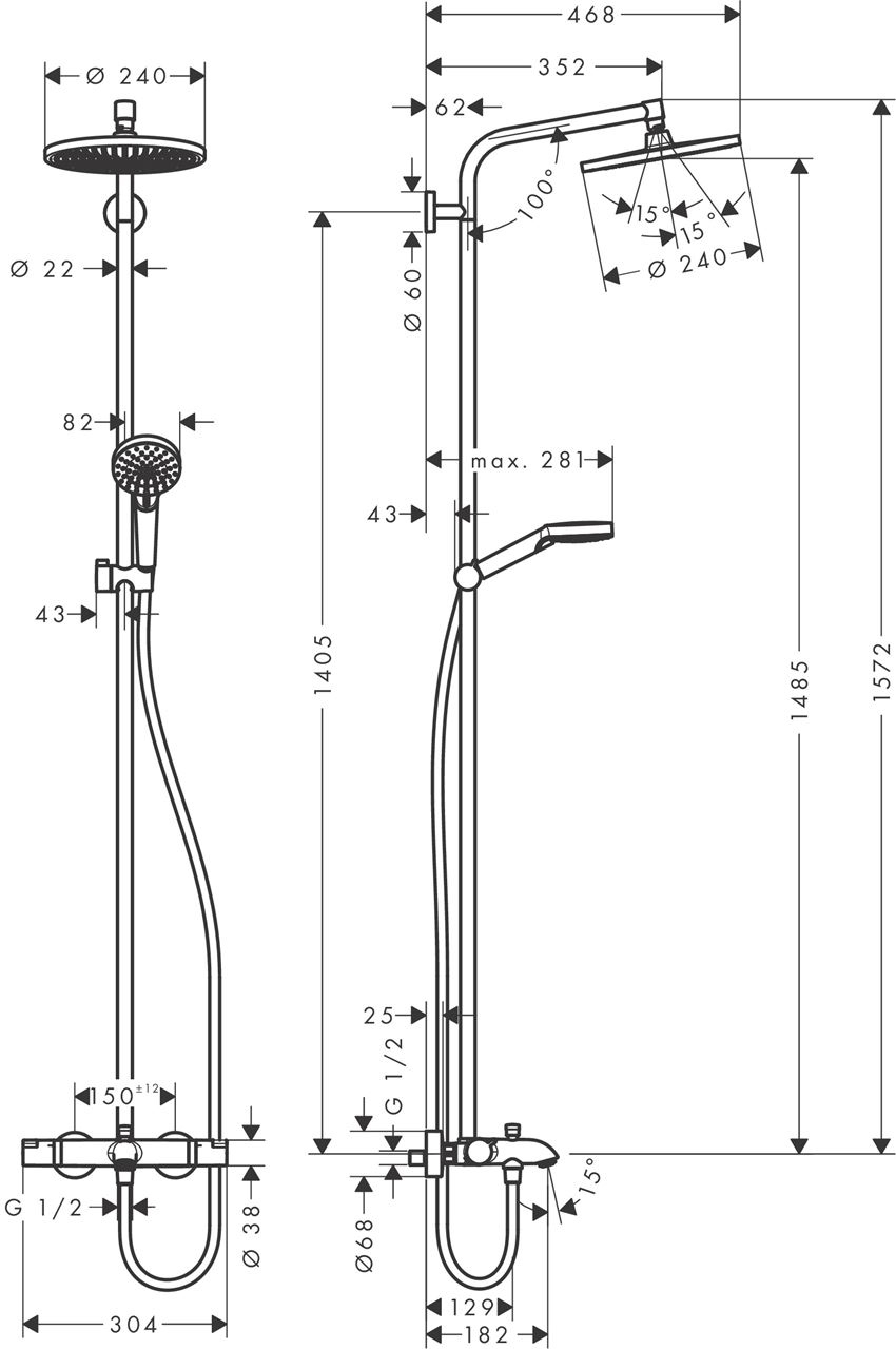 Komplet prysznicowy z termostatem do wanny Hansgrohe Crometta S rysunek techniczny