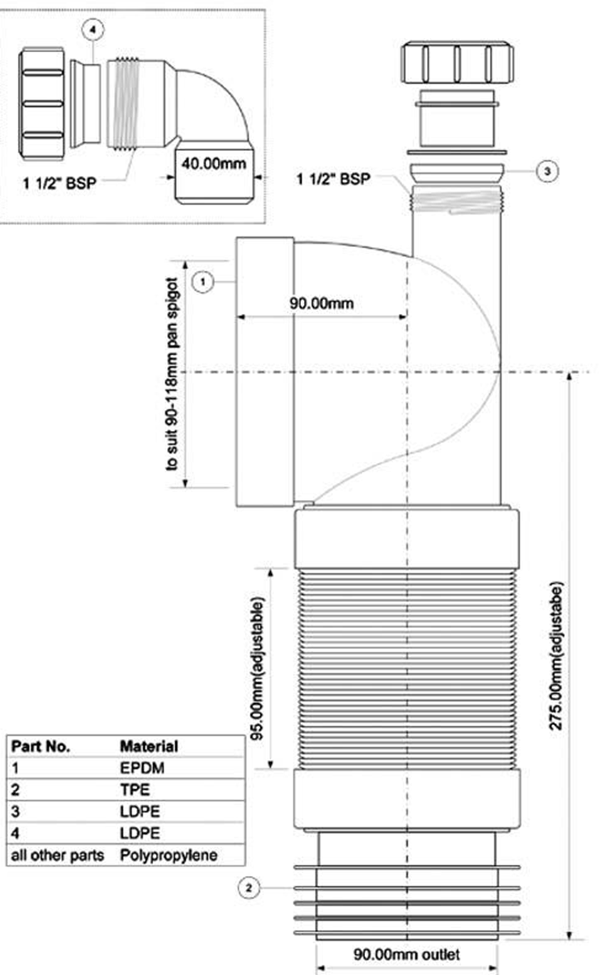 Przyłącze kanalizacyjne elastyczne McAlpine WC-CON8FD rys techniczny