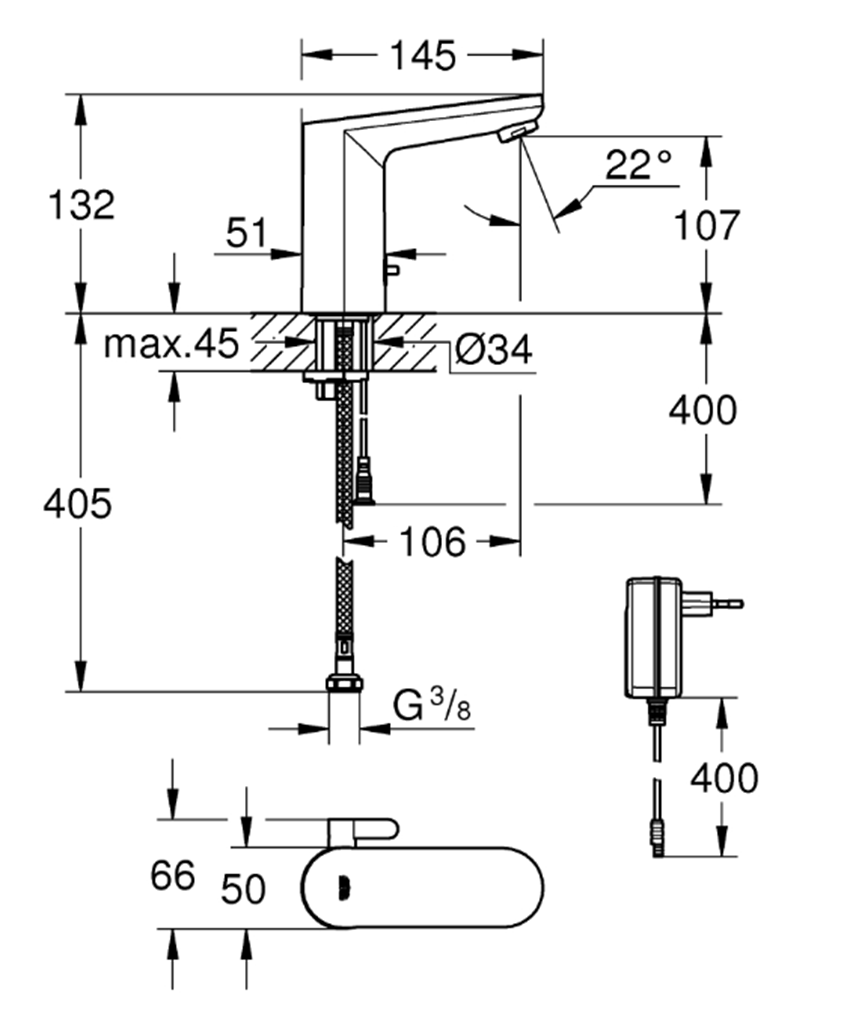 Bateria umywalkowa Grohe Eurosmart Cosmopolitan E 36325002 rys techniczny