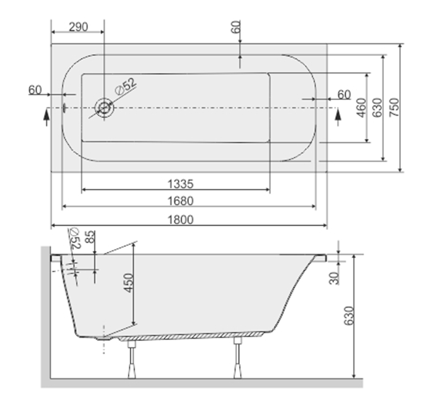 Wanna prostokątna Sanplast Free Line 610-040-0190-01-000 rys techniczny