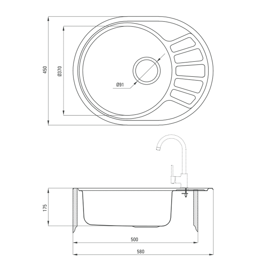Zlewozmywak 1-komorowy z krótkim ociekaczem Deante Stock rysunek techniczny