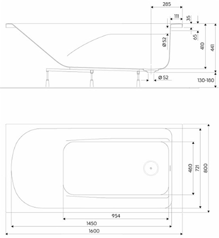 Wanna prostokątna 160x80 cm Koło Comfort Plus rysunek techniczny