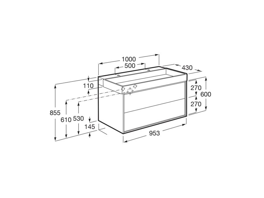 Zestaw łazienkowy Unik 100 cm z 2 szufladami niecka umieszczona centralnie dwa otwory na baterie rysunek