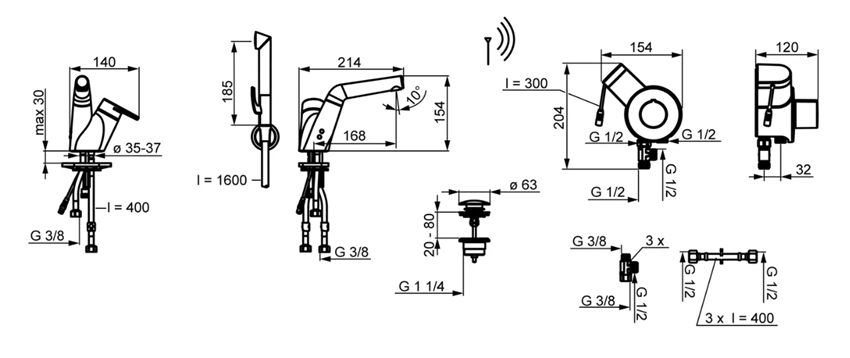 Bateria umywalkowa Oras Signa Hybrid 2216F rys techniczny