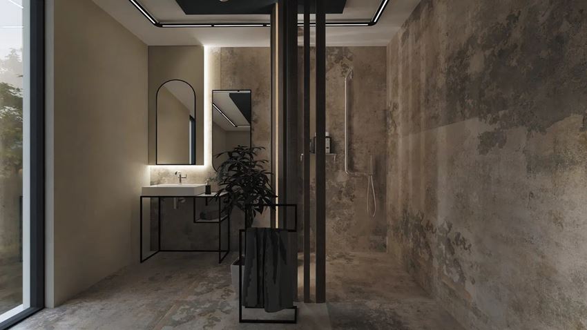 Betonowa łazienka z kabiną walk-in