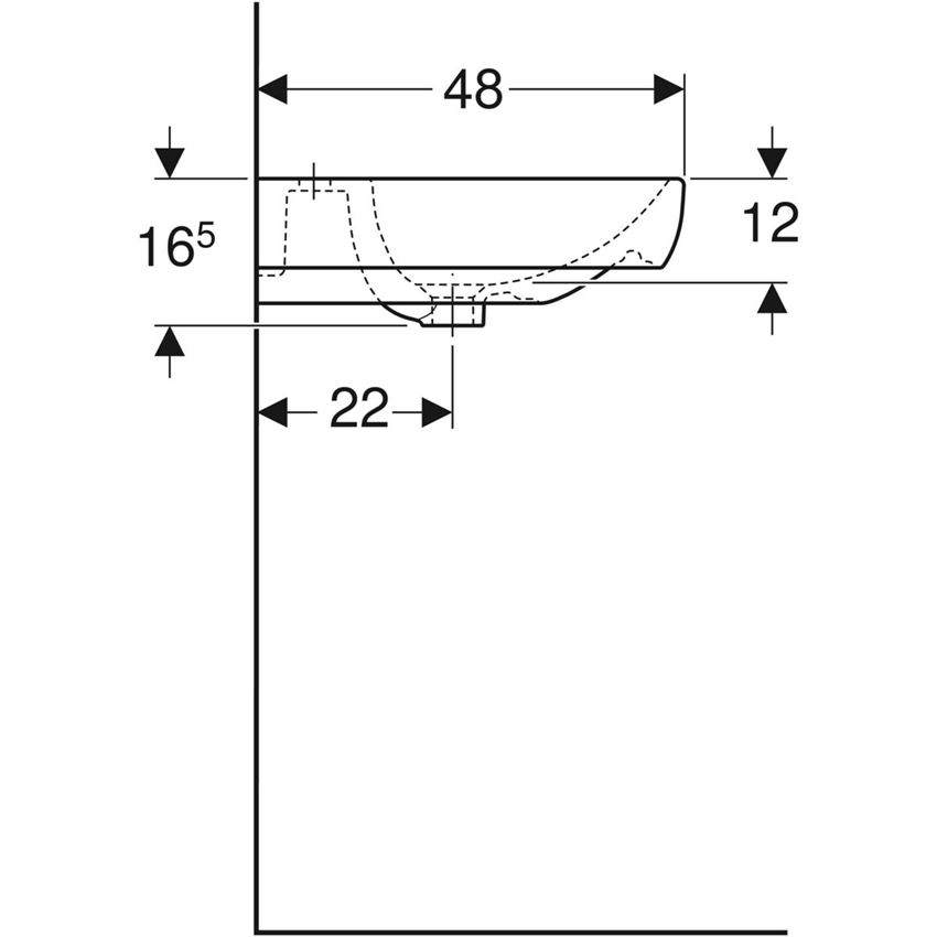 Umywalka ścienna z otworem na baterię z przelewem 60 cm Geberit Smyle Square rysunek