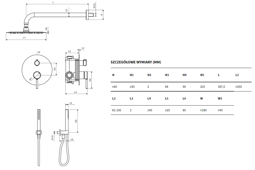 Zestaw prysznicowy Excellent Seria Pi AREX.SET.1247BL rys techniczny