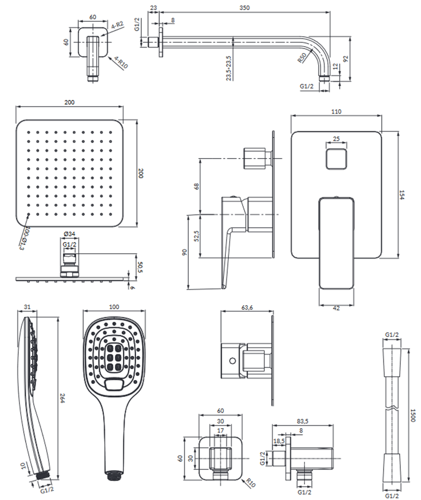 Kompletny łazienkowy system podtynkowy chrom/biały Omnires Parma rysunek