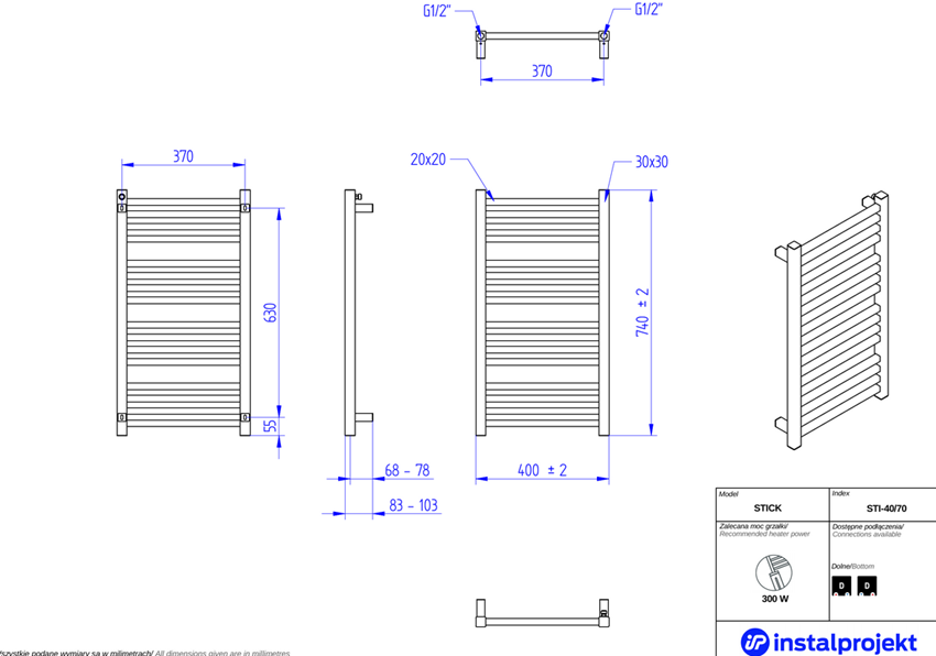 Grzejnik drabinkowy 40x70 cm Instal-Projekt Stick rysunek