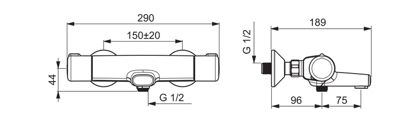 Bateria wannowo-prysznicowa z termostatem Oras Nova rysunek techniczny