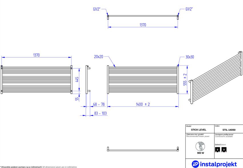 Grzejnik łazienkowy 120x60 cm Instal-Projekt Stick Level rysunek