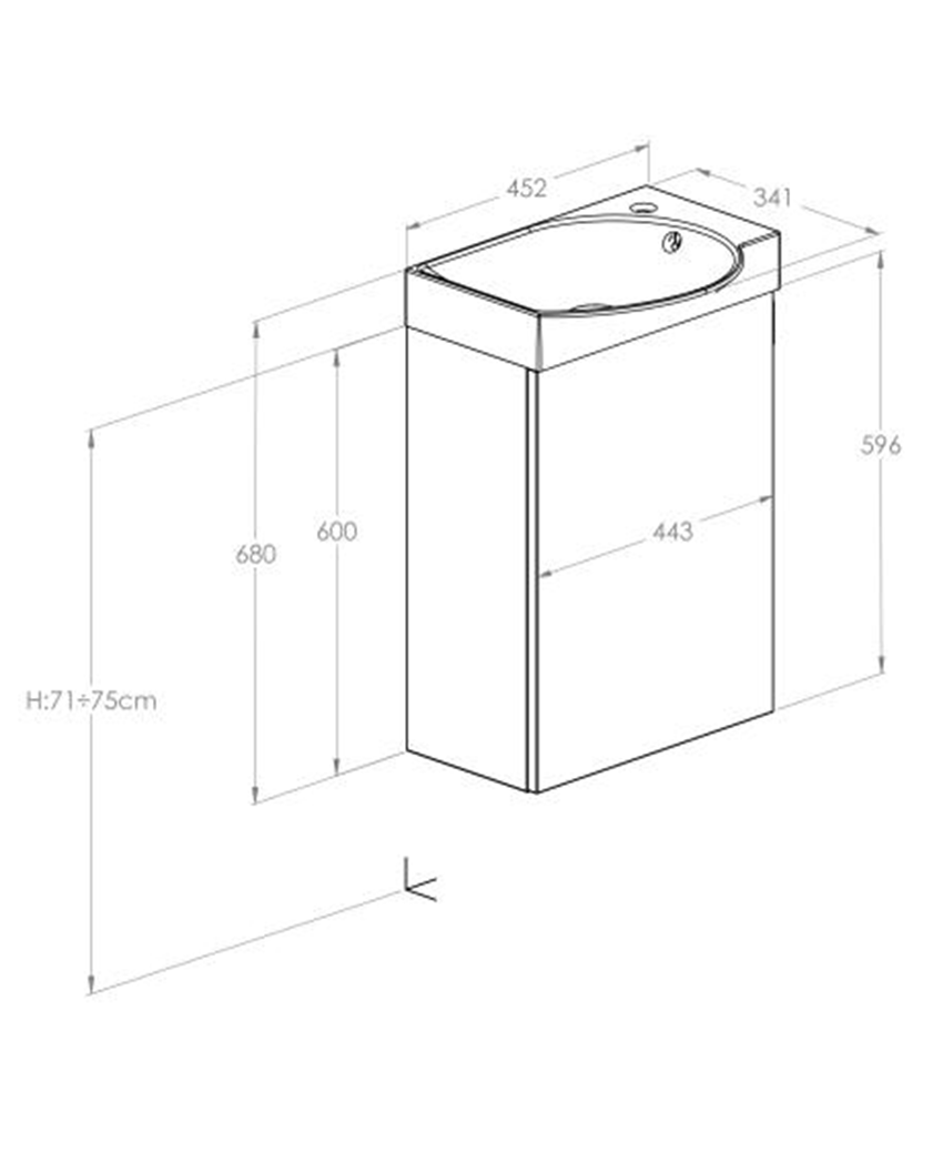 Zestaw łazienkowy Unik 45 cm z 1 drzwiami Roca Ravell rysunek