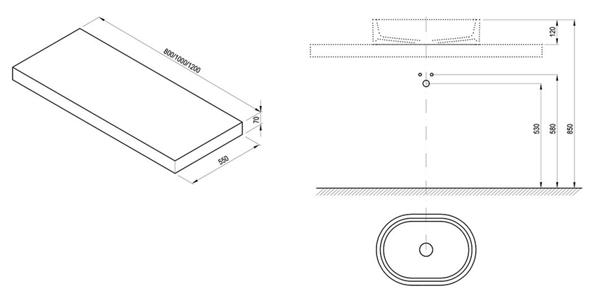 Blat łazienkowy Ravak X000000845 rys techniczny