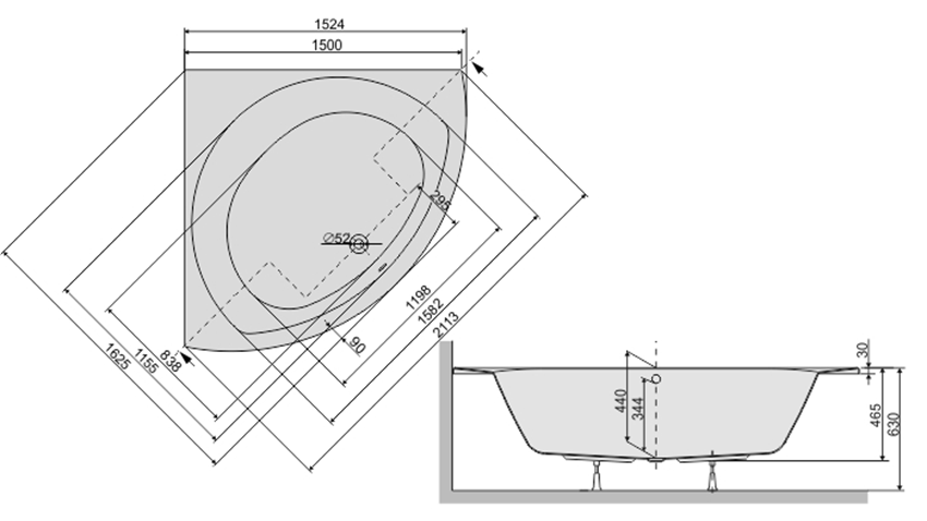 Wanna narożna Sanplast Prestige 610-070-0350-01-000 rys techniczny