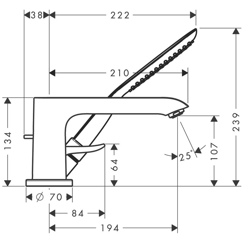 3-otworowa jednouchwytowa bateria na brzeg wanny element zewnętrzny Hansgrohe Metris rysunek techniczny