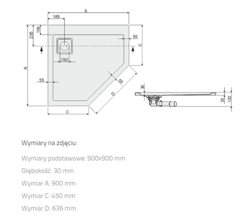 Brodzik Sanplast Space Line 615-110-0530-01-002 rys techniczny