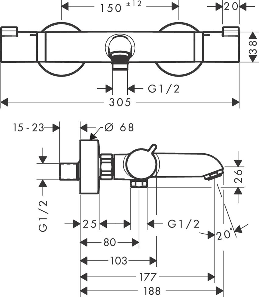Bateria termostatyczna wannowa montaż natynkowy Hansgrohe Ecostat rysunek techniczny