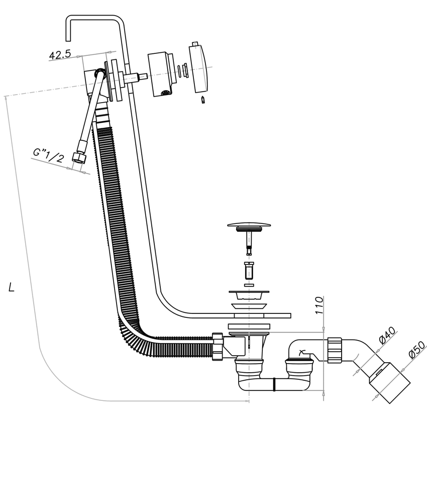 Syfon wannowy przelewowo-odpływowo-napełniający z automatycznym korkiem Omnires CGS rysunek techniczny