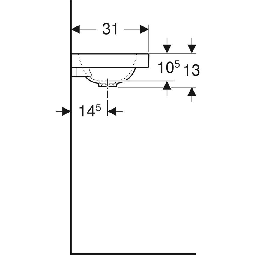 Umywalka ścienna kompaktowa bez otworu na baterię bez przelewu 53 cm Geberit iCon Light  rysunek