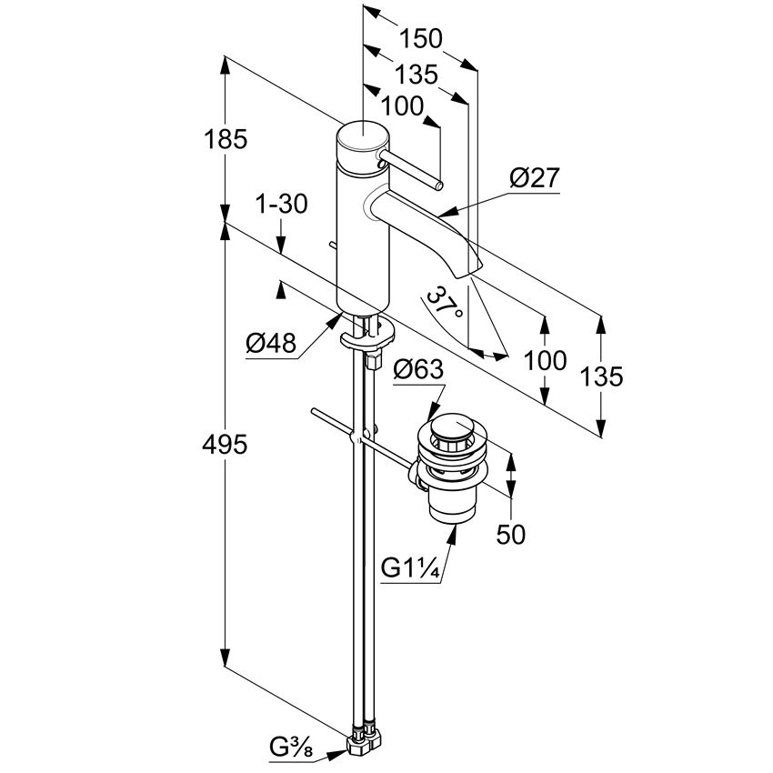 Bateria umywalkowa Kludi Bozz 382930576WR4 rys techniczny