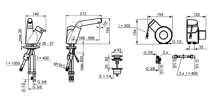 Bateria umywalkowa Oras Signa Hybrid 2213F rys techniczny