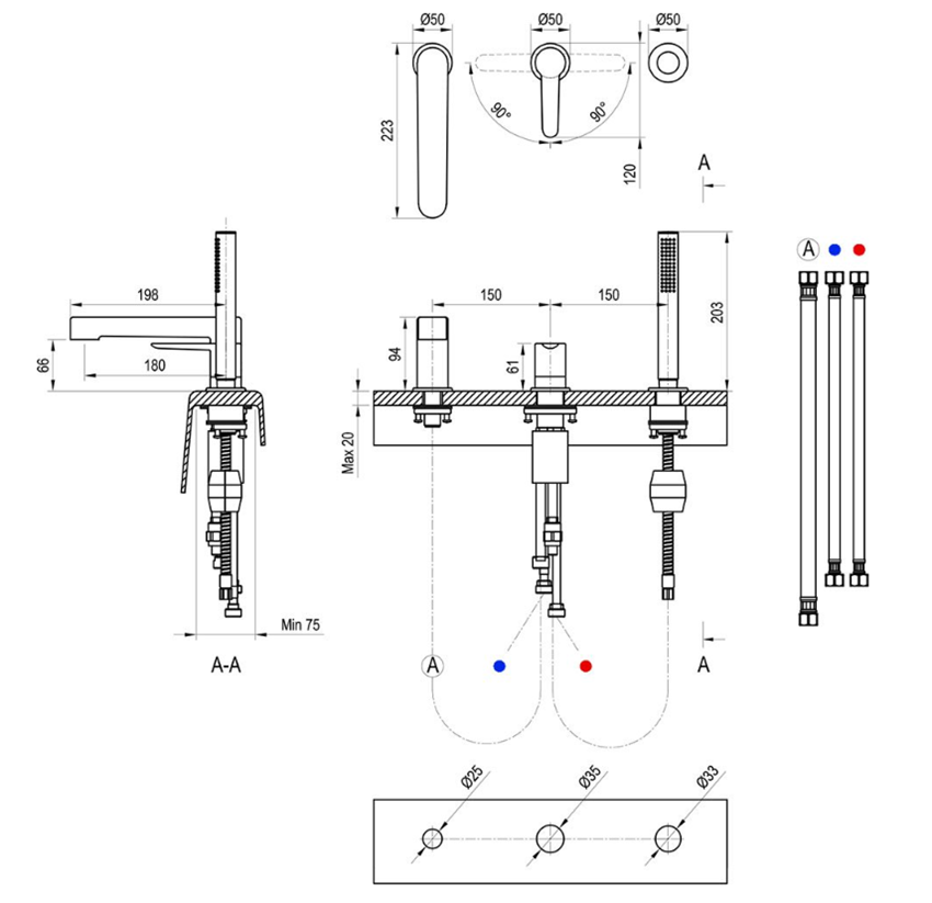 Bateria wannowa Ravak Puri X070186 rys techniczny